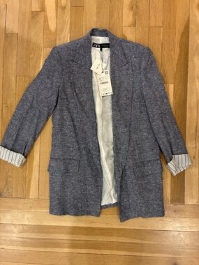 Zara Heathered Navy Relaxed Linen-Blend Blazer